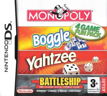 4 Game Fun Pack - Monopoly + Boggle + Yahtzee + Battleship (USA) box cover front